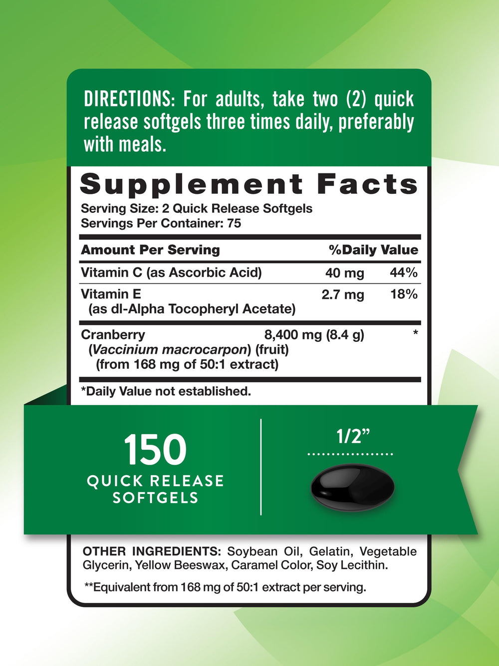 Nature's Truth Cranberry Pills bottle back with label details
