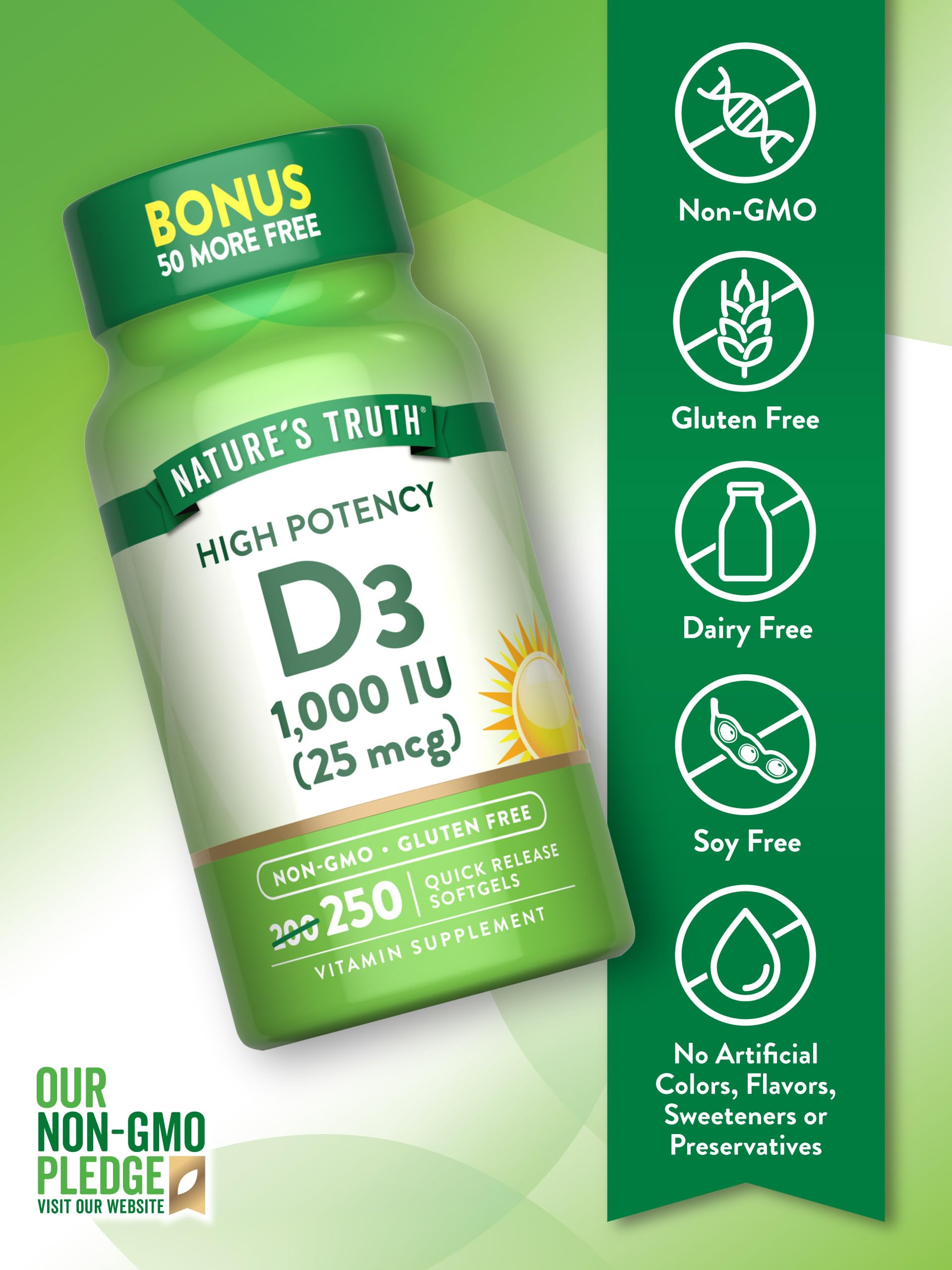 Nature's Truth D3 bottle on shelf highlighting gluten-free quality.