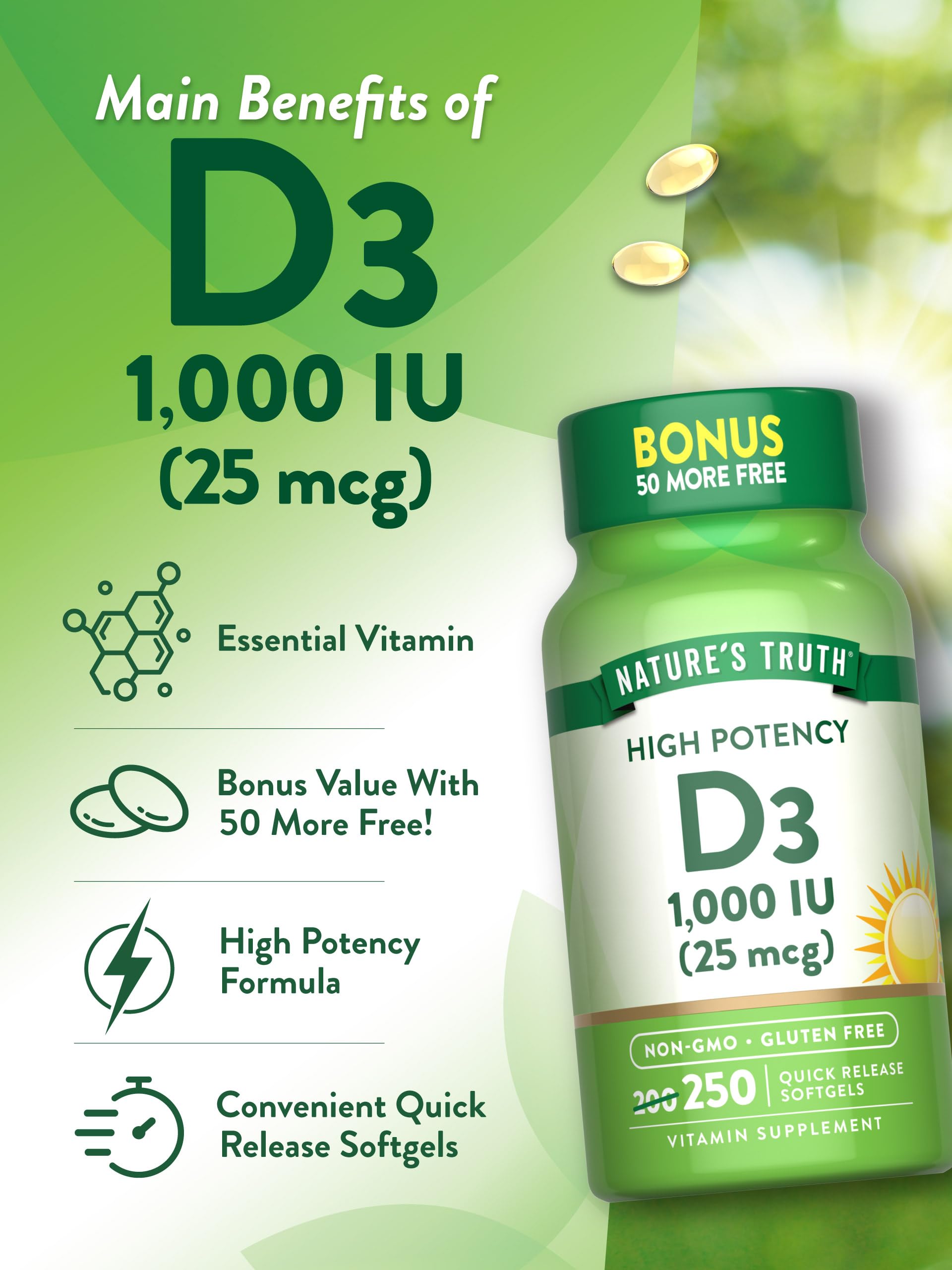 Nature's Truth D3 bottle with gluten-free and non-GMO seals.