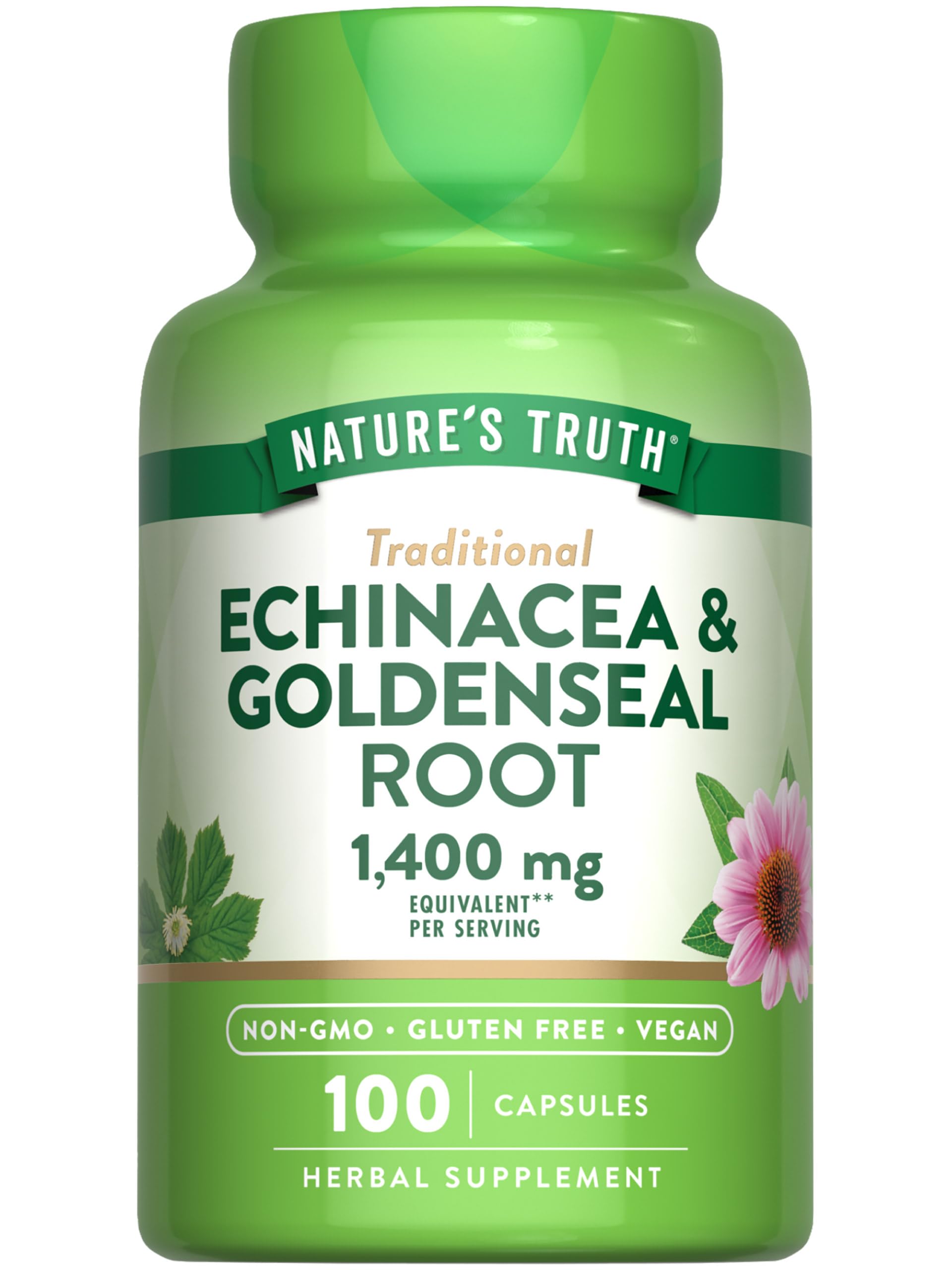 Nature's Truth Echinacea Goldenseal capsules bottle highlights vegan herbal support for daily wellness.