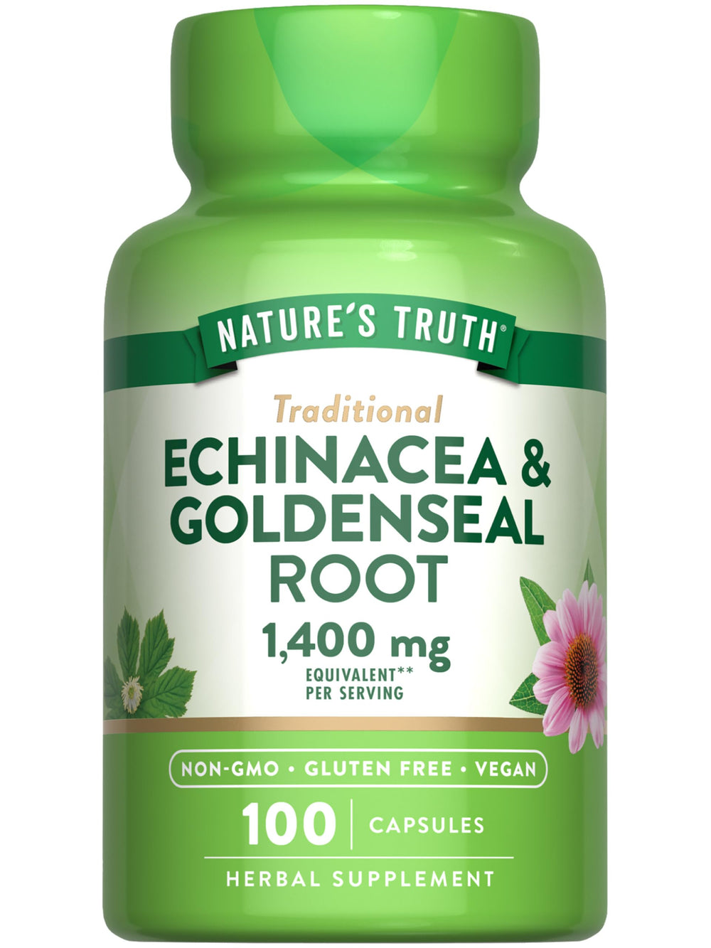Nature's Truth Echinacea Goldenseal capsules bottle highlights vegan herbal support for daily wellness.