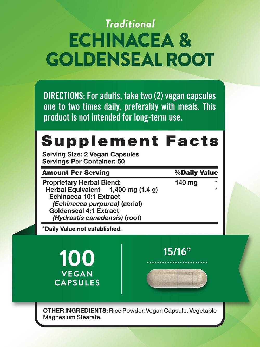 Nature's Truth Echinacea Goldenseal capsules label shows vegan, gluten-free quality and precise extracts.