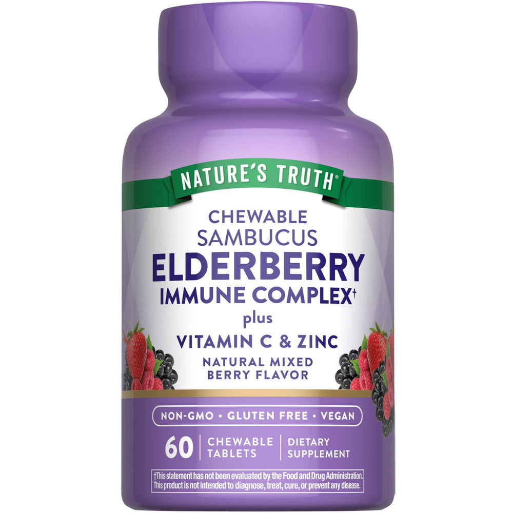 Nature's Truth Elderberry Immune Complex chewables bottle highlighting elderberry for daily support.