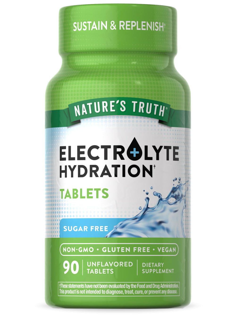 Nature's Truth electrolyte tablets pack front showing vegan, sugar-free hydration