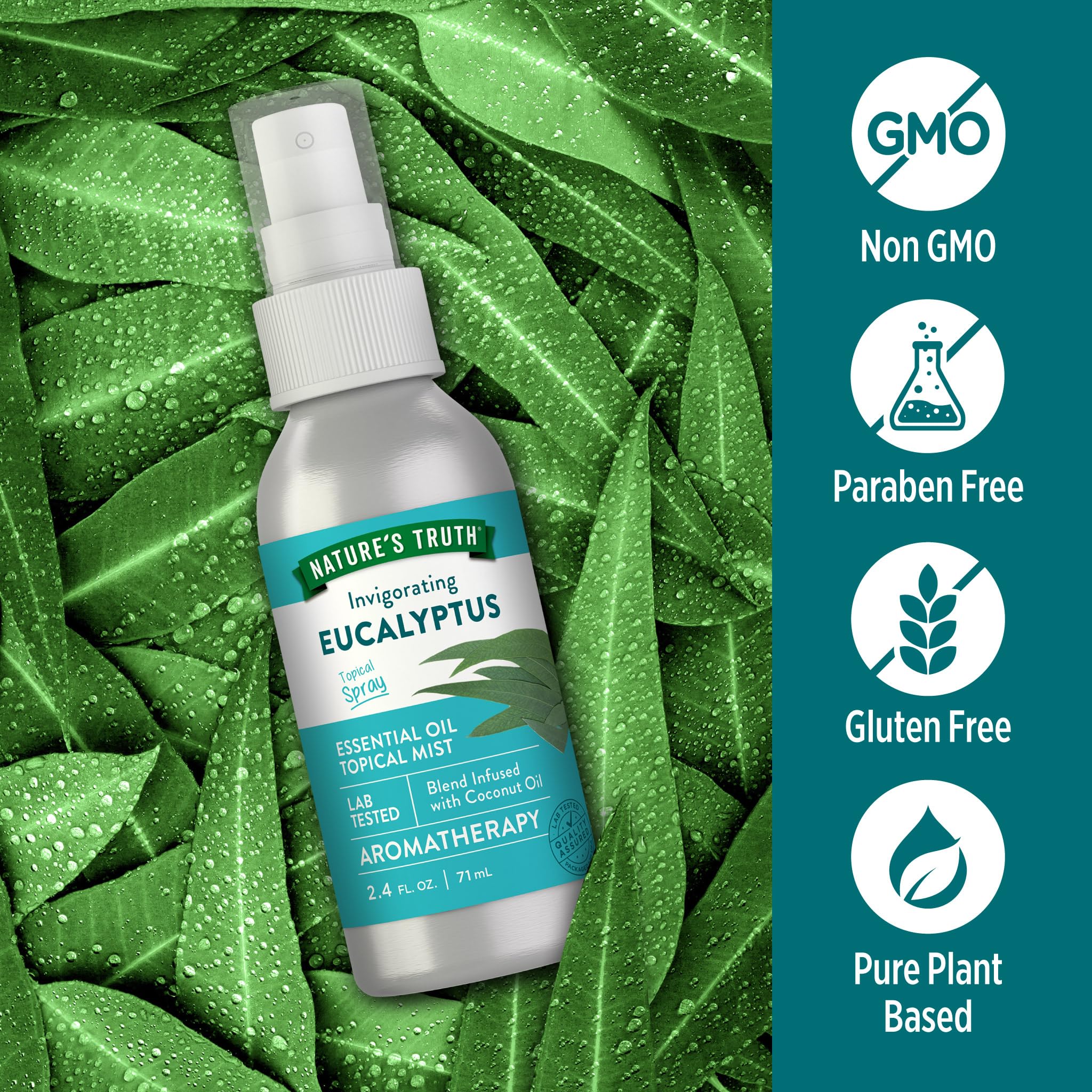 Nature's Truth eucalyptus mist spray label highlights clean botanicals and coconut oil.