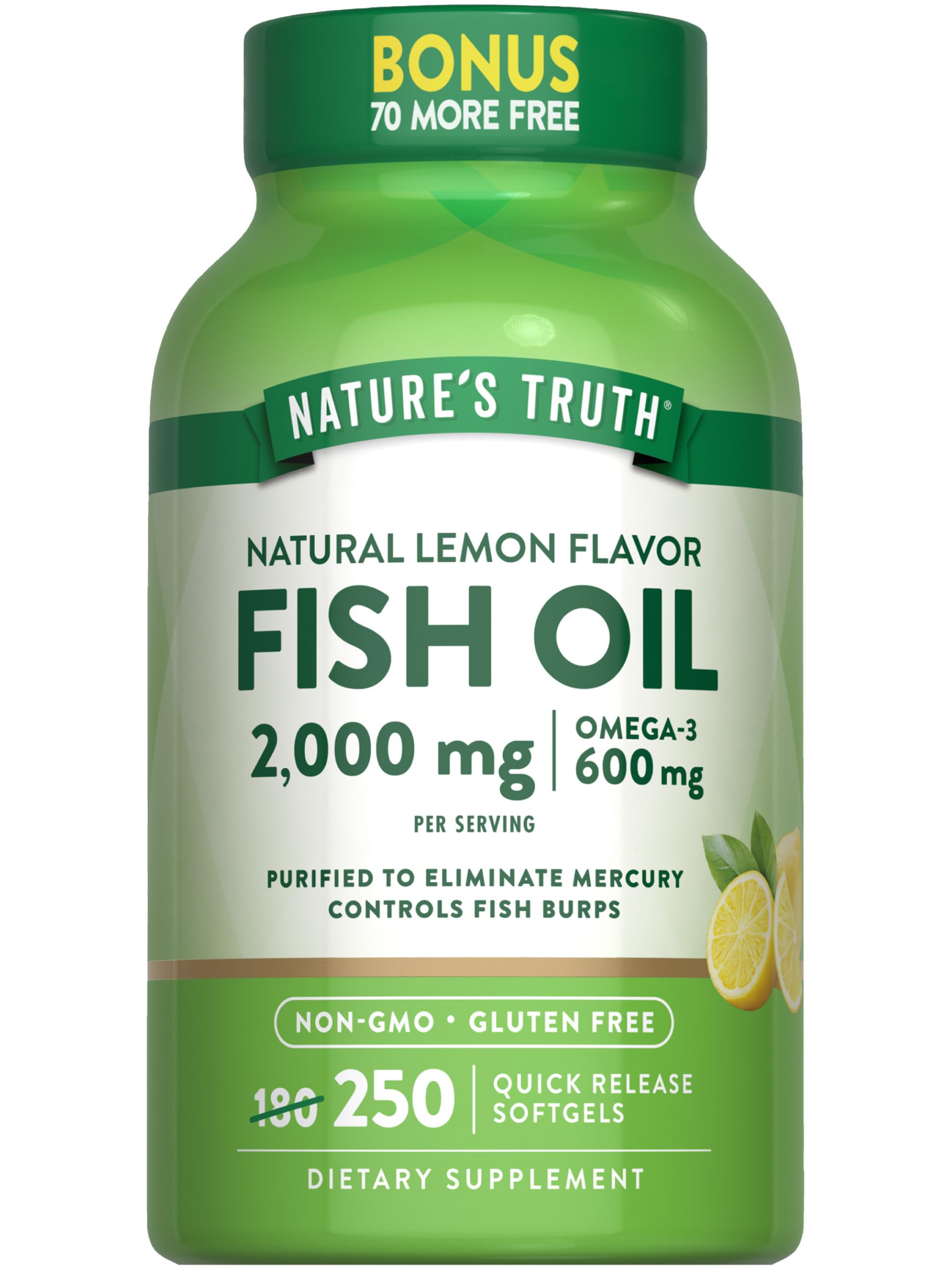 Nature's Truth fish oil 2000 mg lemon softgels on a tray, convenient daily omega-3.