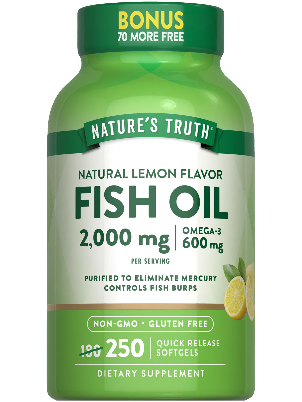 Nature's Truth fish oil 2000 mg lemon softgels on a tray, convenient daily omega-3.