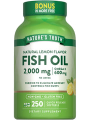 Nature's Truth fish oil 2000 mg lemon softgels on a tray, convenient daily omega-3.