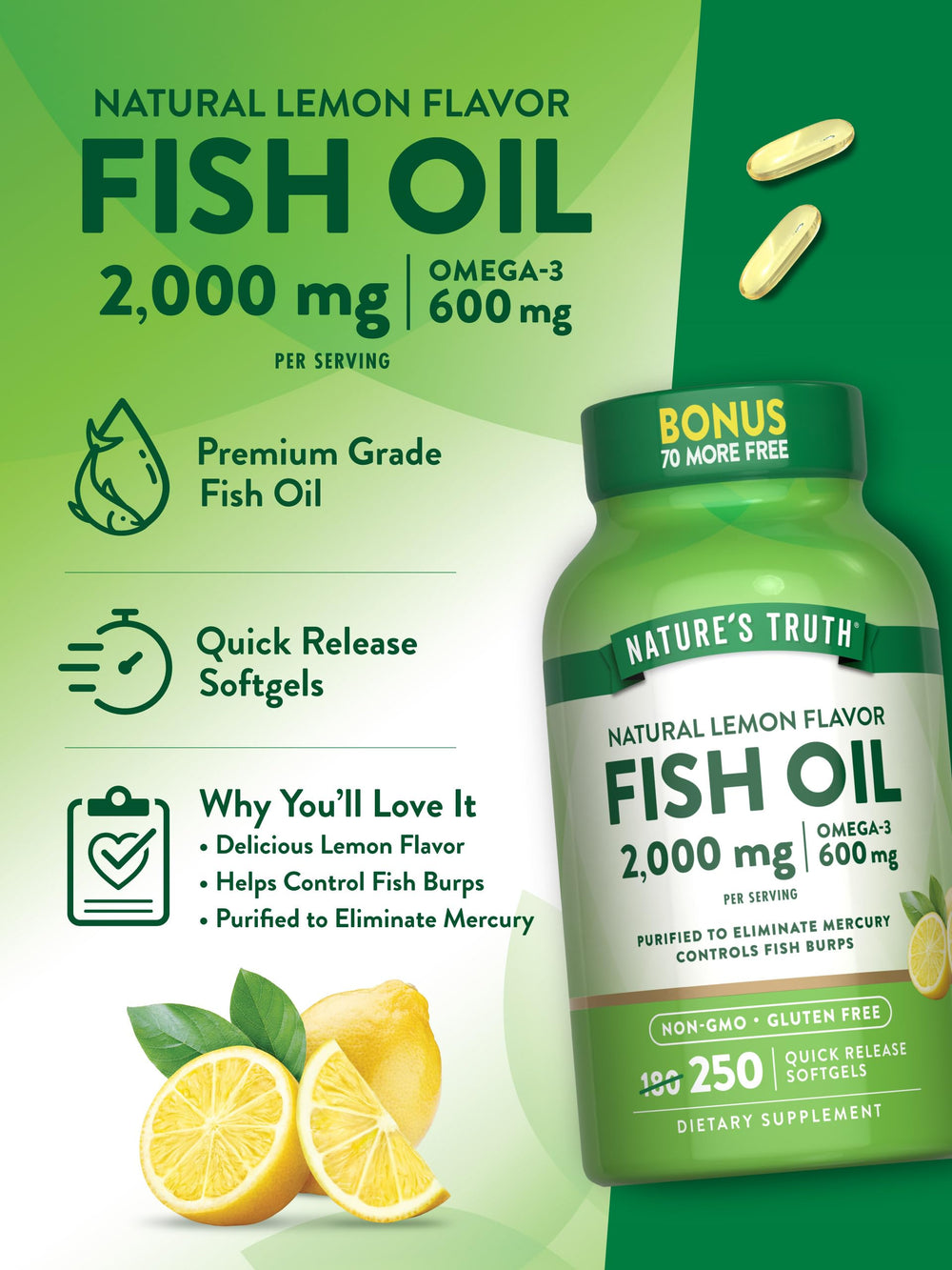 Nature's Truth fish oil 2000 mg non-GMO and gluten-free icons on packaging.