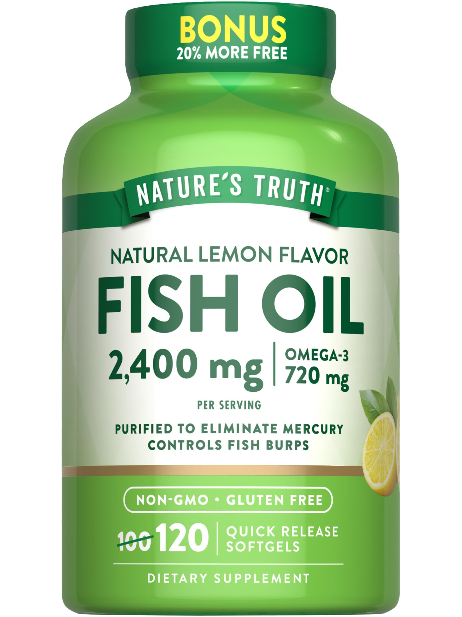 Nature's Truth Fish Oil 2400mg bottle showing purified oil for daily omega-3 support