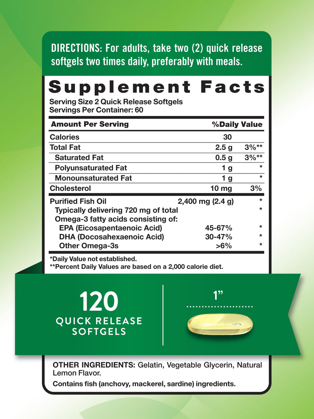 Nature's Truth 2400mg softgels with lemon flavor for burpless ingestion