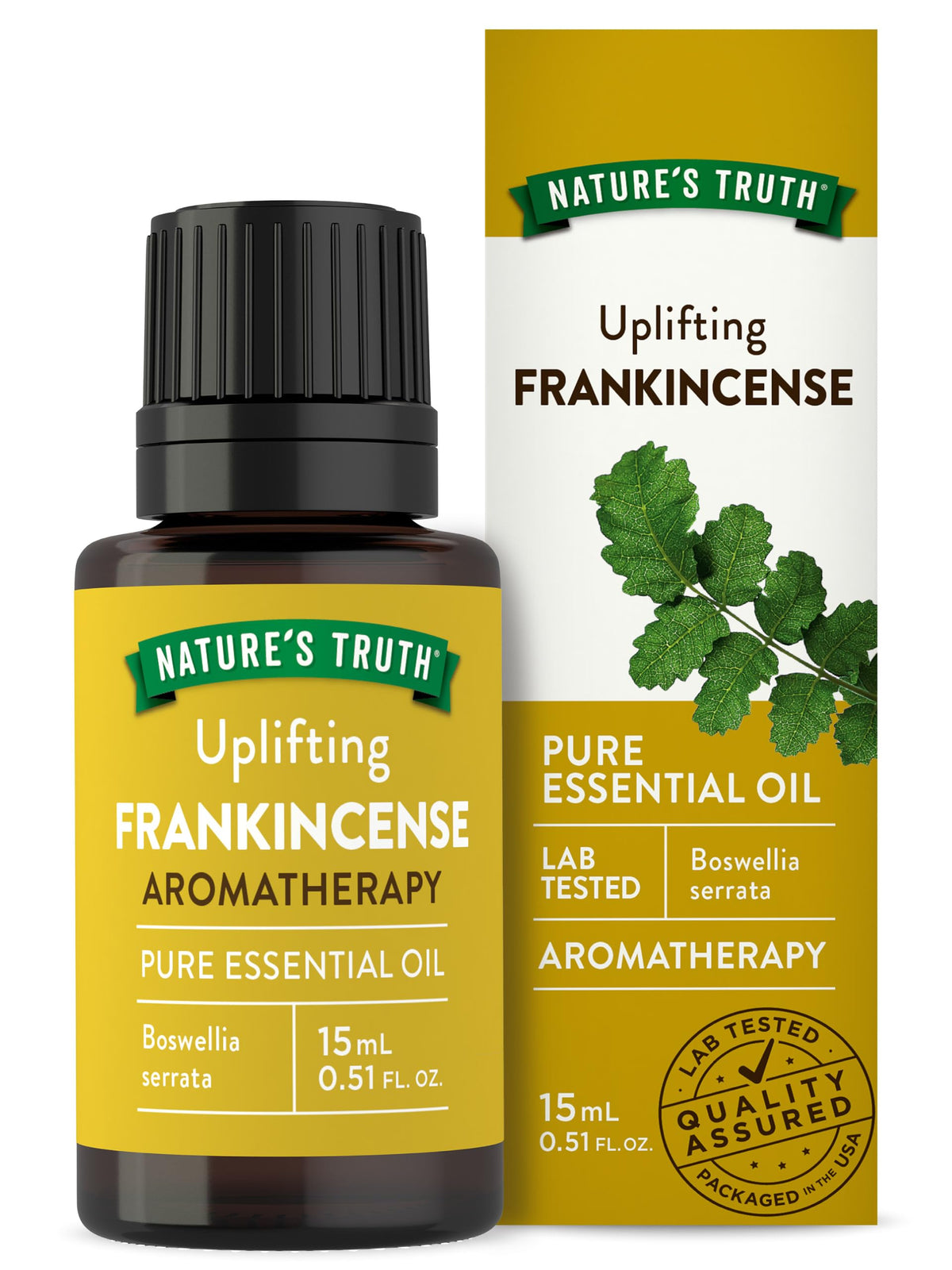 Nature's Truth frankincense essential oil 15 mL bottle for diffusers and calming rituals.