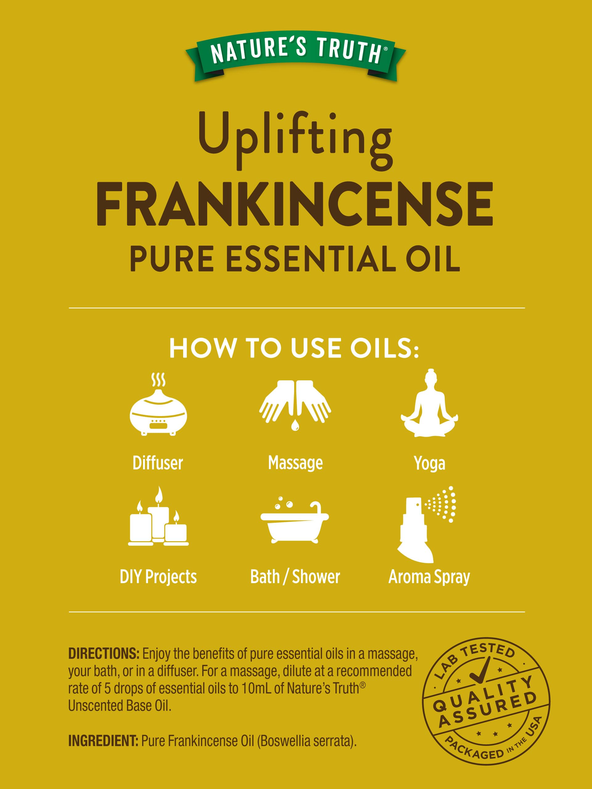Close-up of Nature's Truth frankincense oil bottle emphasizing purity and quality.