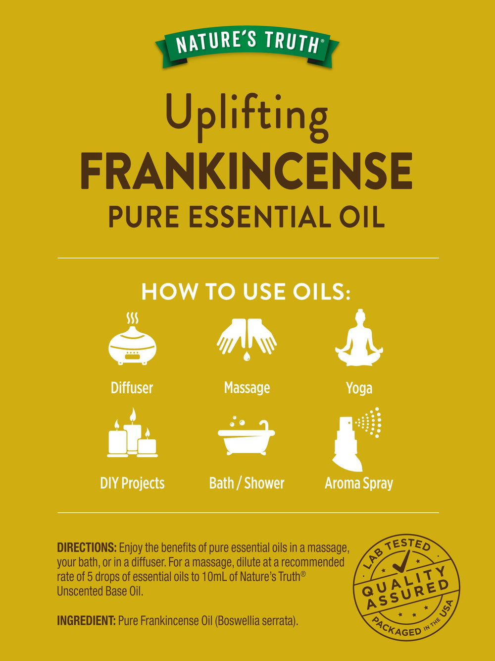Close-up of Nature's Truth frankincense oil bottle emphasizing purity and quality.