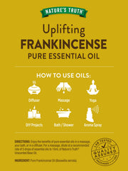 Close-up of Nature's Truth frankincense oil bottle emphasizing purity and quality.