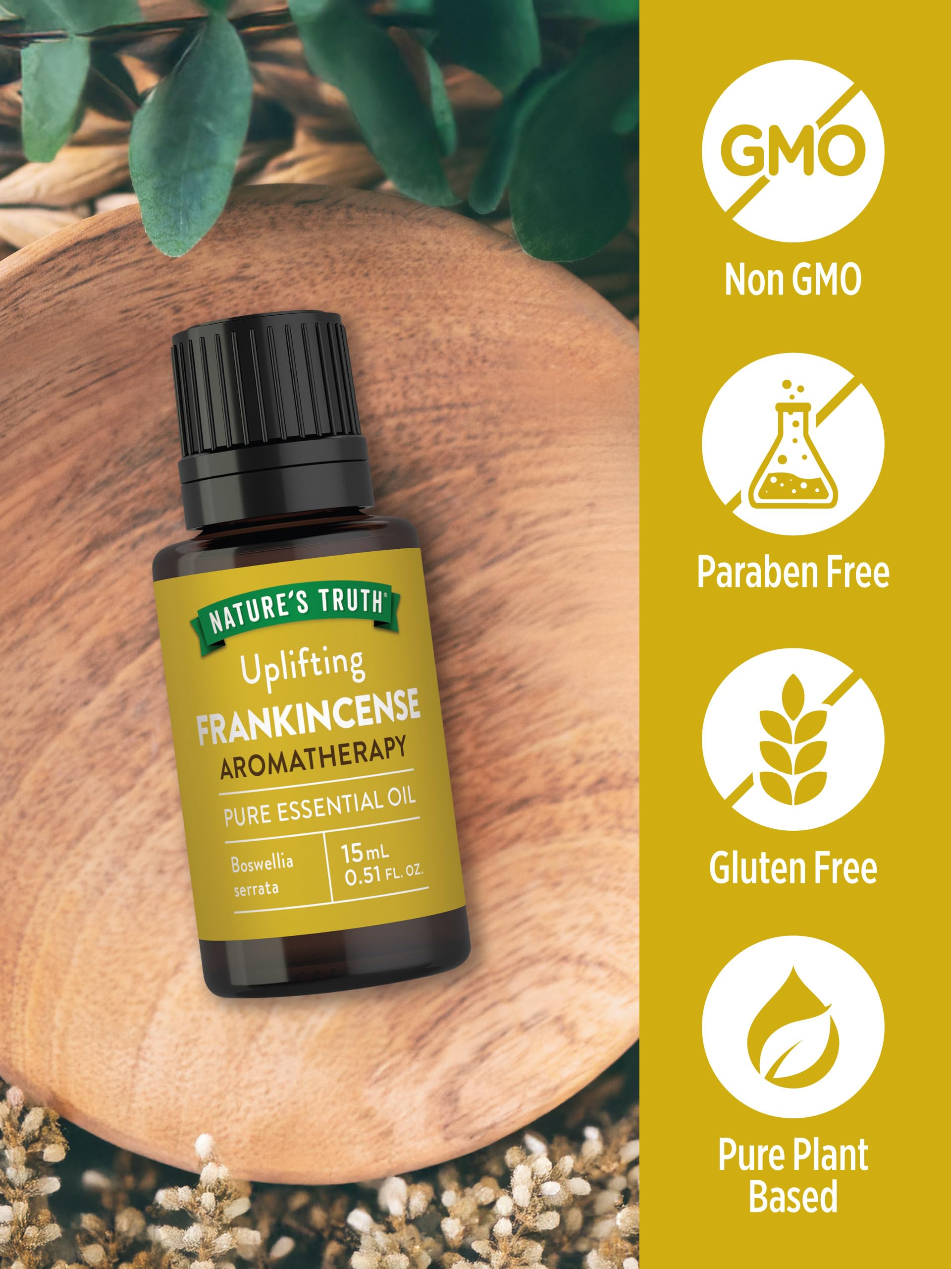Diffuser-ready bottle in a cozy setup showcasing Nature's Truth frankincense oil.