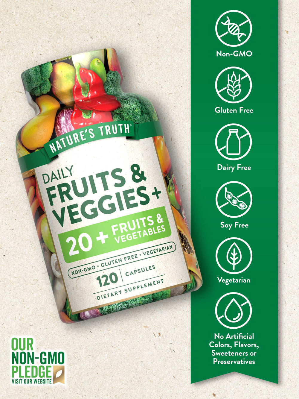 Nature’s Truth Fruits and Vegetables collage depicts 20+ ingredients for balanced daily nutrition.