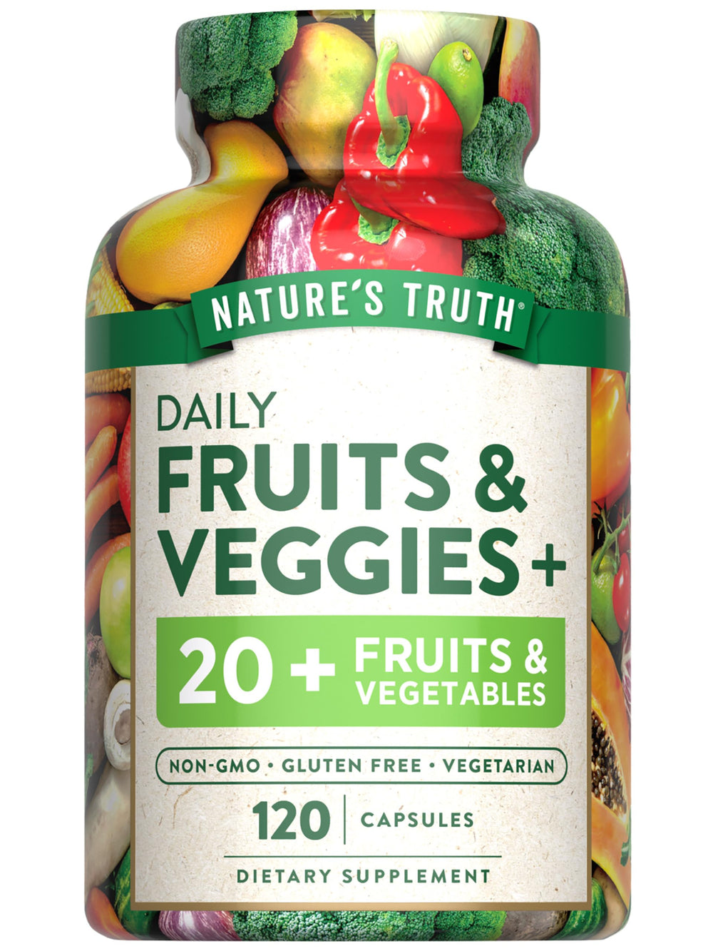 Nature’s Truth Fruit and Veggies bottle label highlights quality and daily nutrition support.