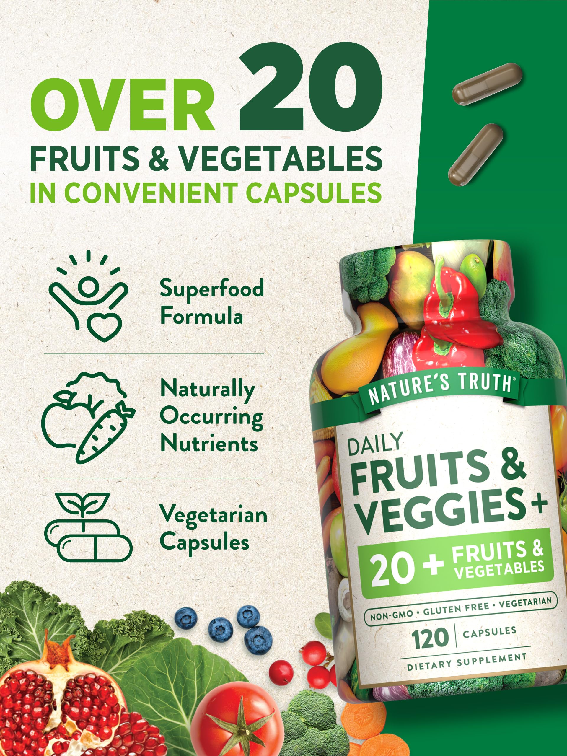 Nature’s Truth vegetarian capsules suggest a simple two capsule daily routine.