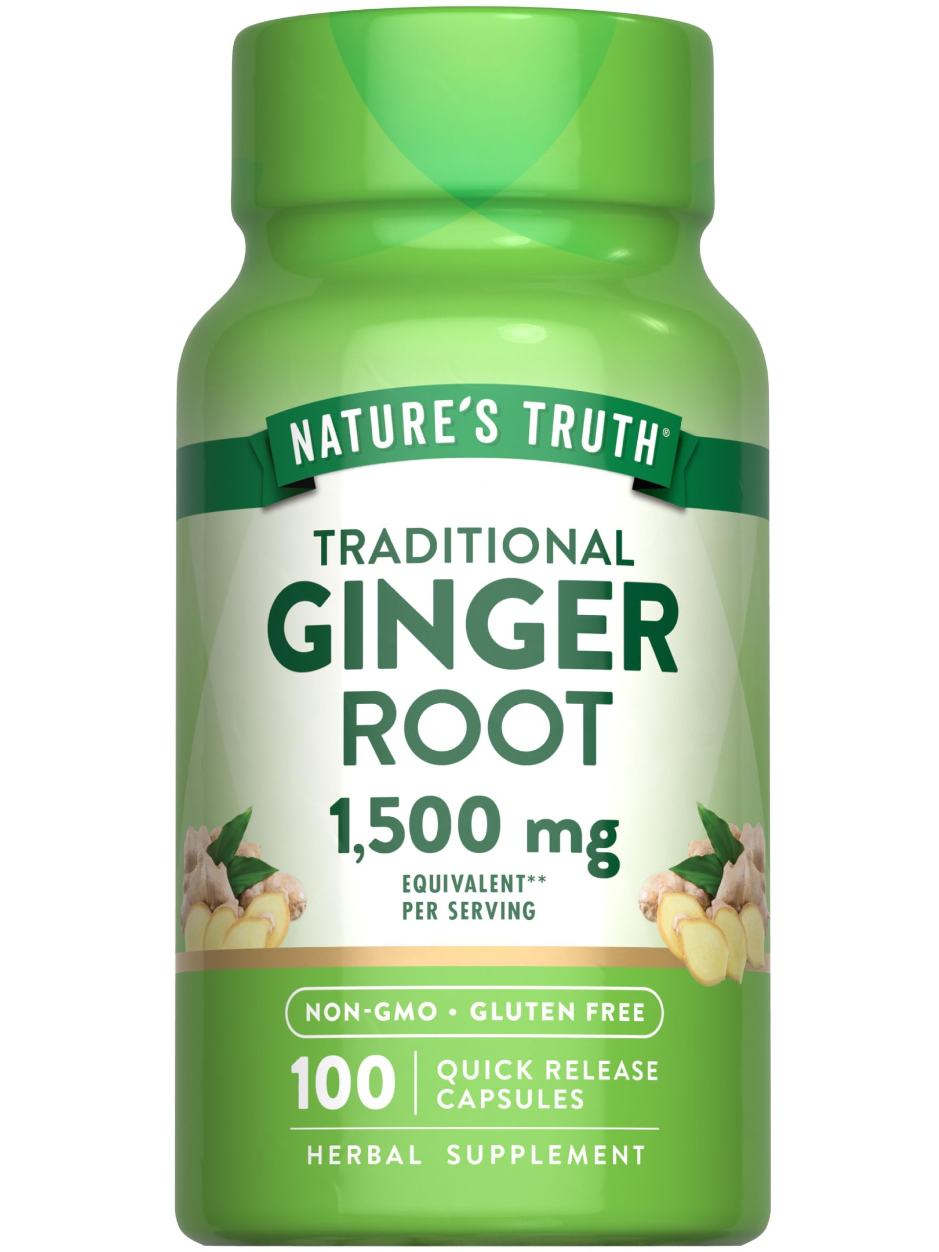 Nature's Truth Ginger Root Capsules bottle shows 1,500 mg per serving for daily wellness.