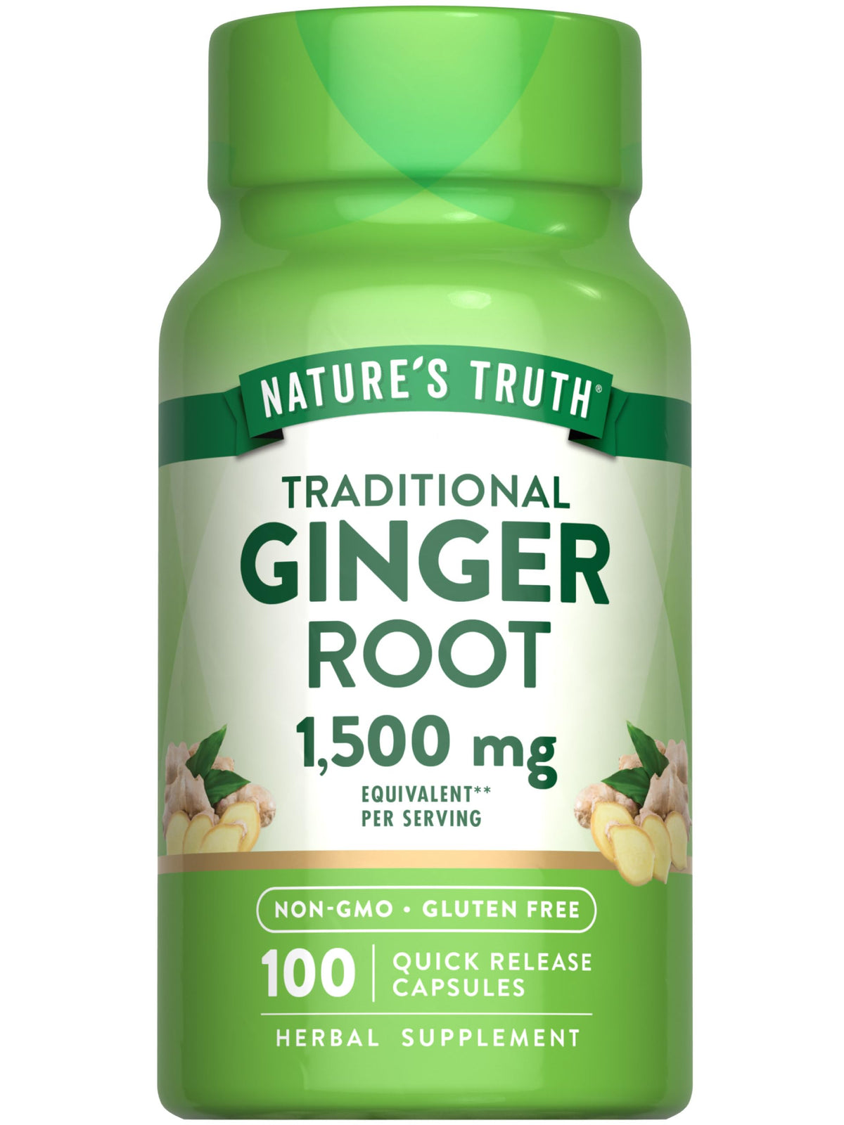 Nature's Truth Ginger Root Capsules bottle shows 1,500 mg per serving for daily wellness.