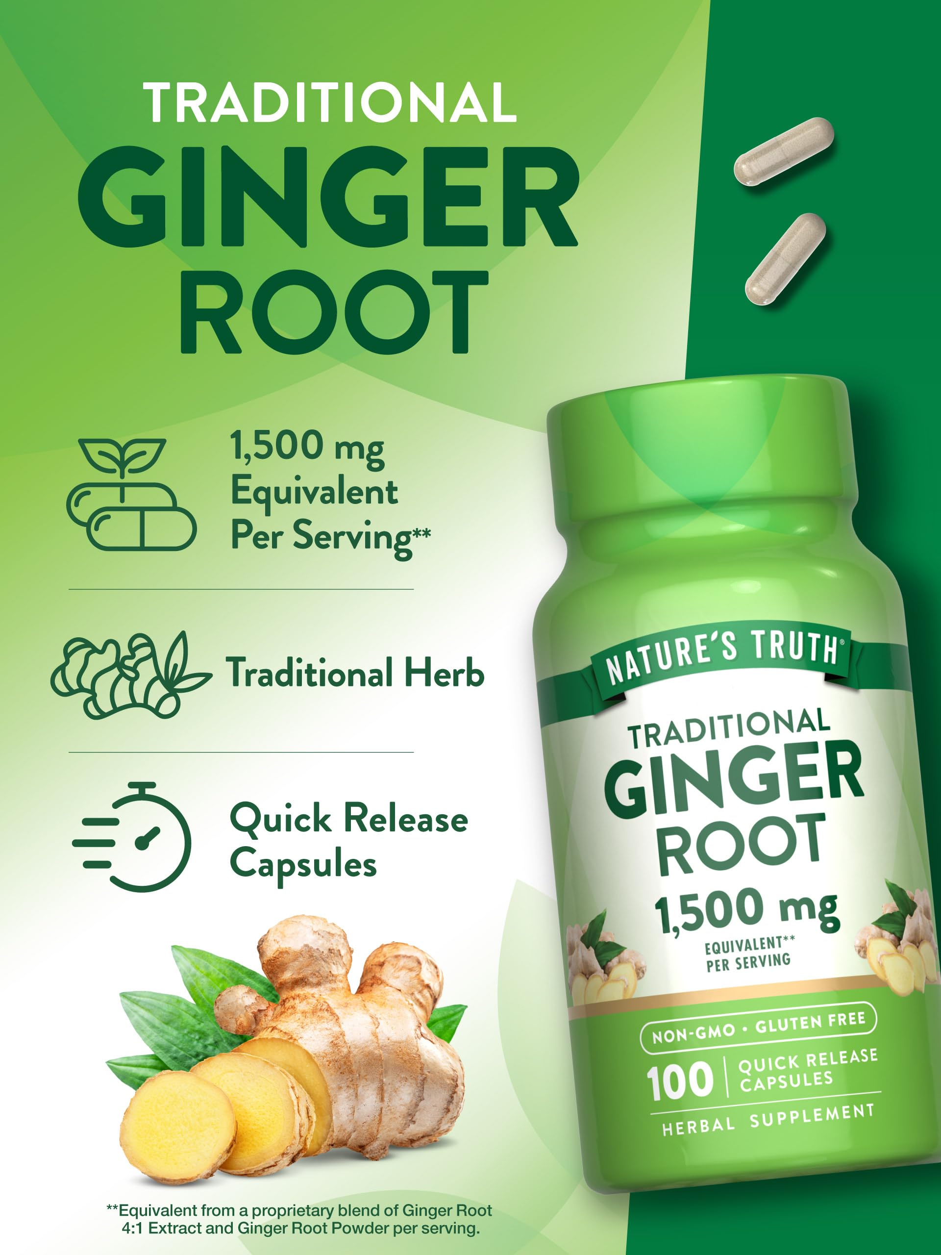 Nature's Truth Ginger Root capsules close-up shows smooth coating for daily use.