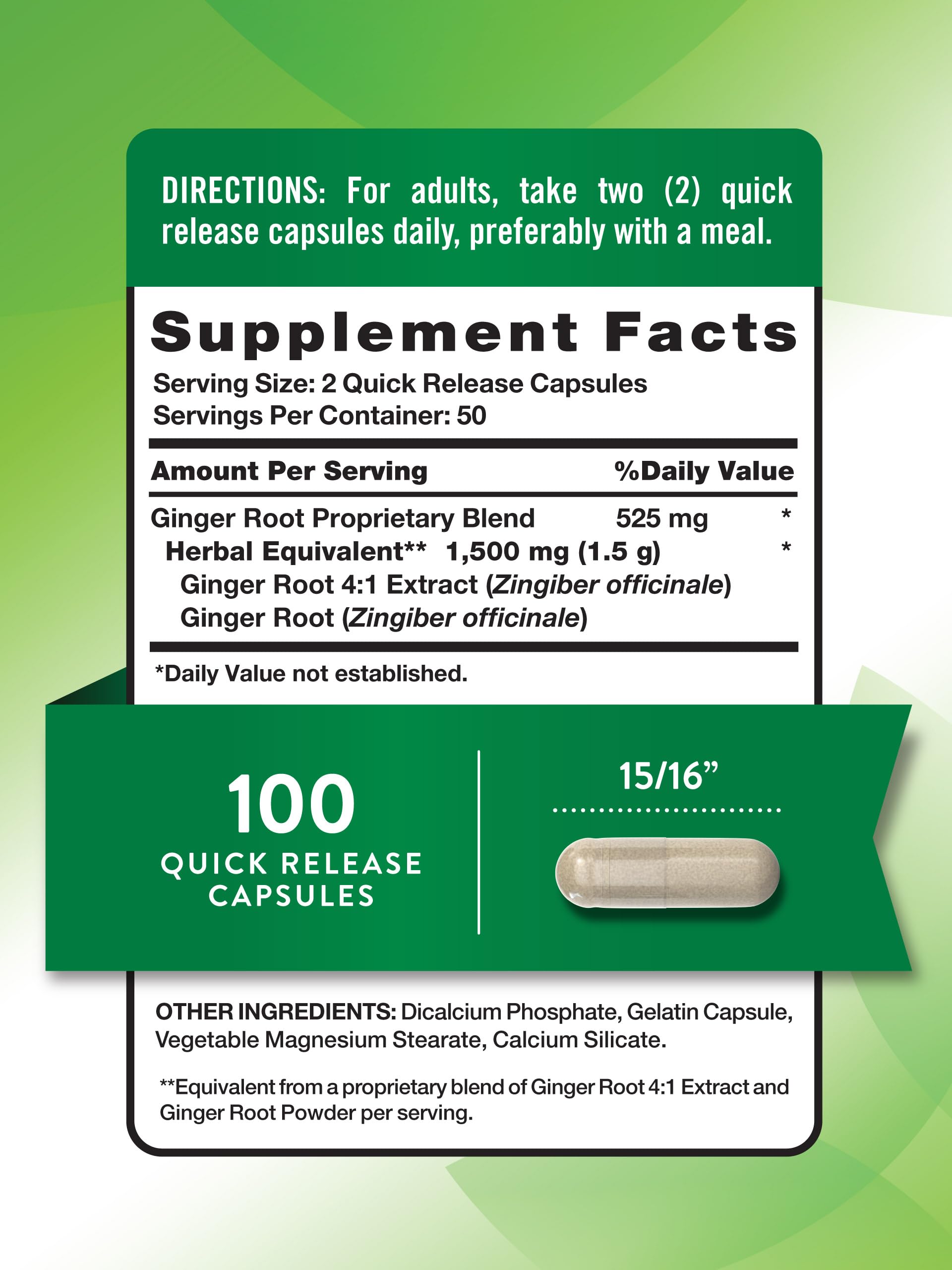 Nature's Truth ginger root extract capsules close-up highlighting potency for easy dosing.