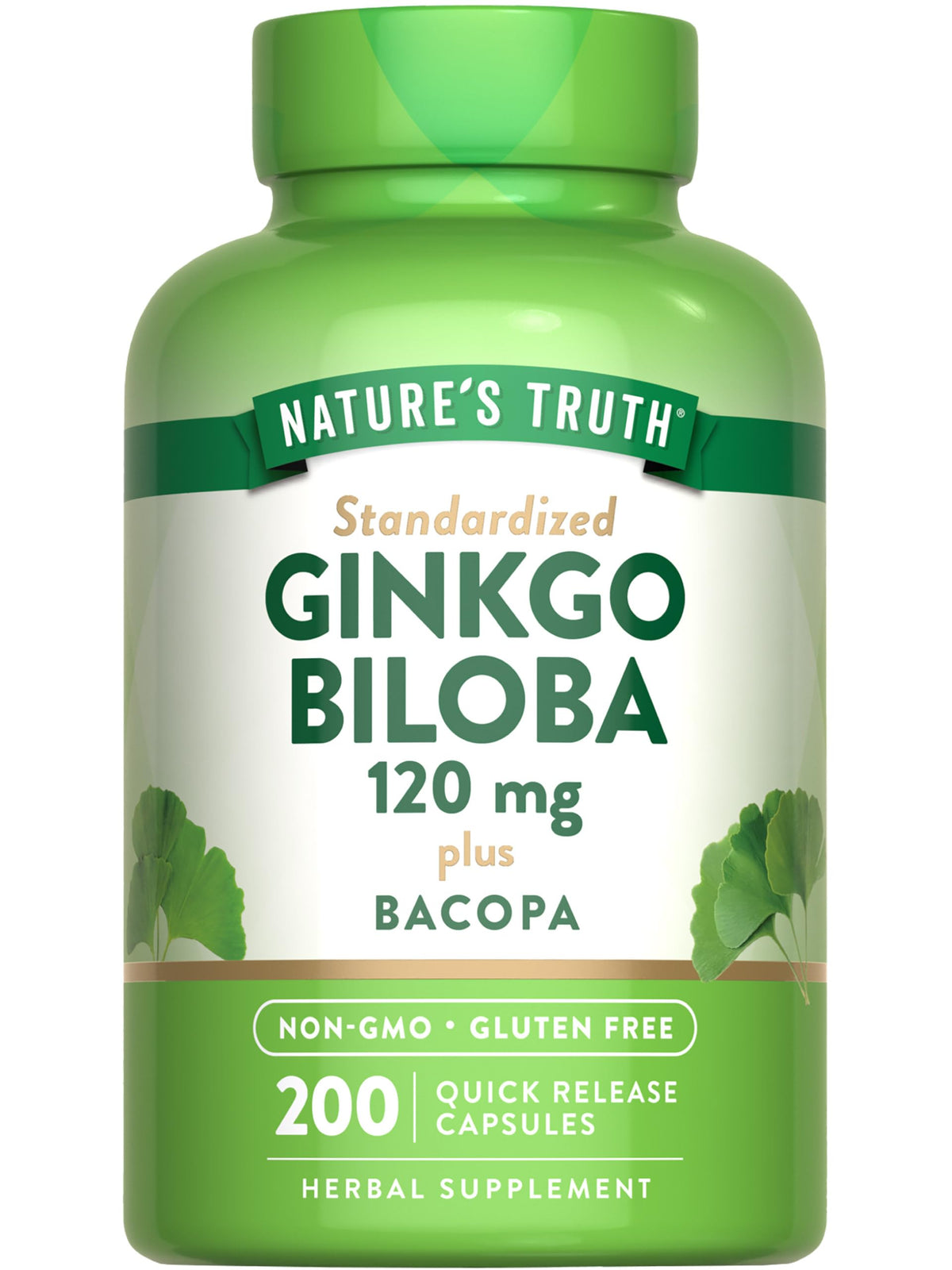 Nature's Truth Ginkgo Biloba bottle shows standardized extract for daily focus.