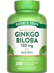 Nature's Truth Ginkgo Biloba bottle shows standardized extract for daily focus.