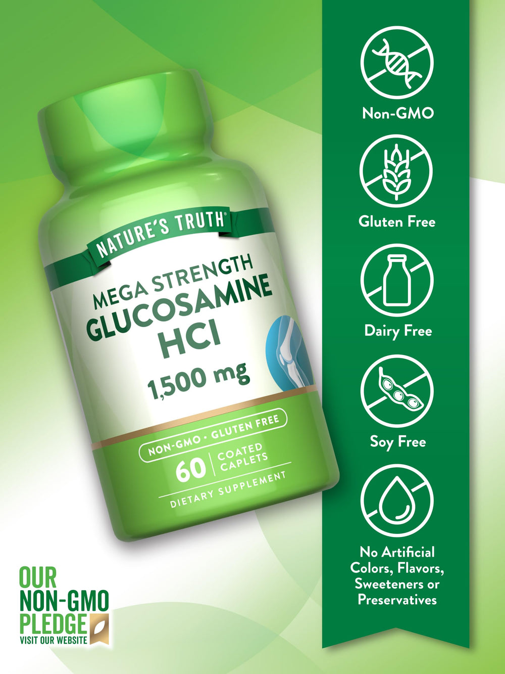 Nature's Truth Glucosamine HCl 1500mg label front highlights non-GMO and gluten-free