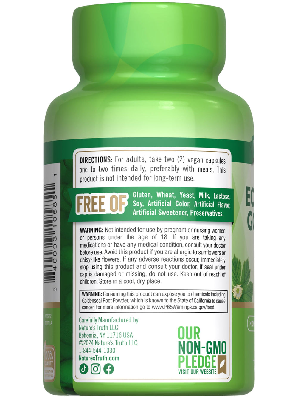 Nature's Truth gluten-free non-GMO certification label on packaging.