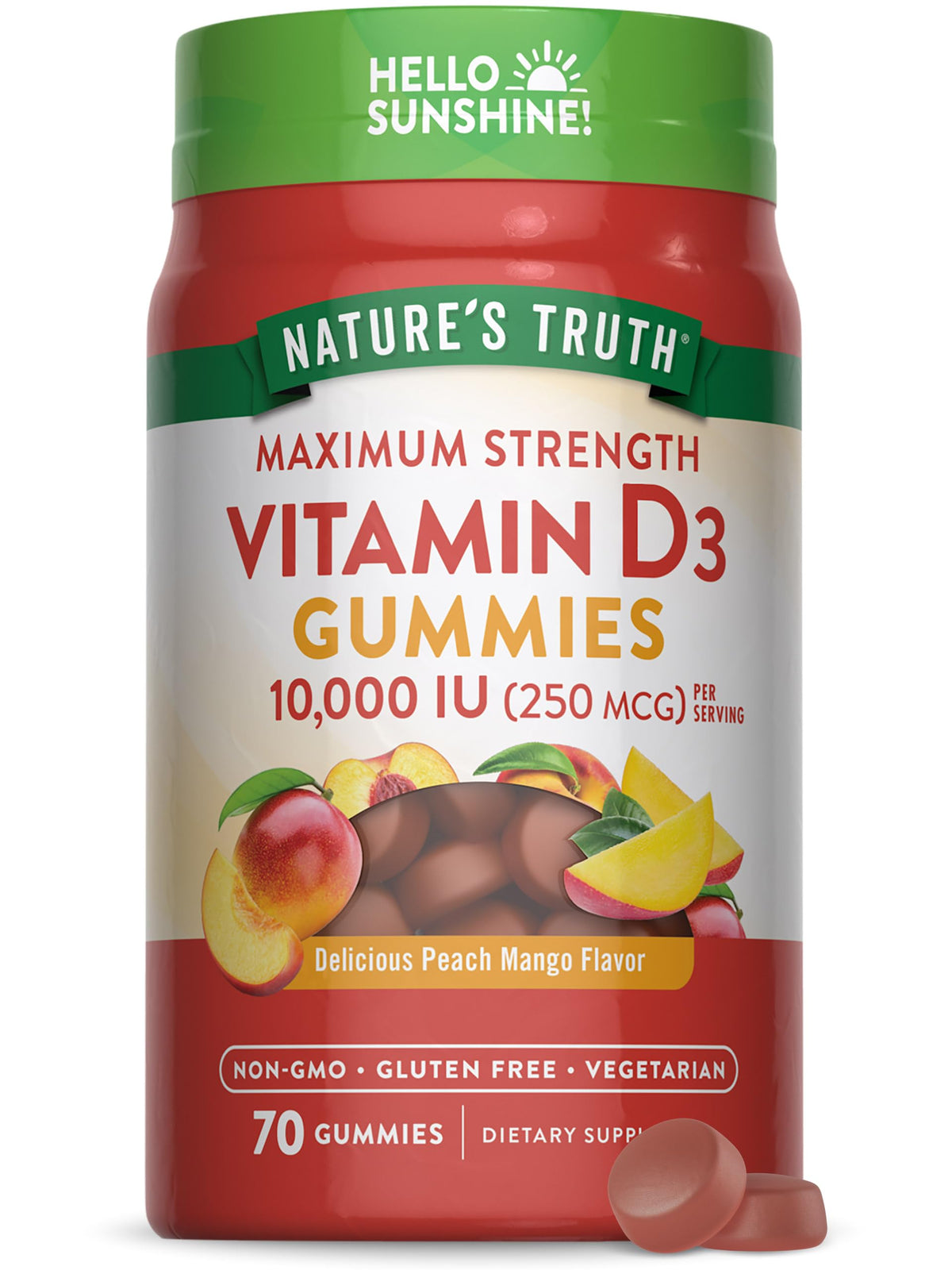 Nature's Truth gomitas D3 10000 UI en frasco sabor durazno-mango, ideal para ingesta diaria.