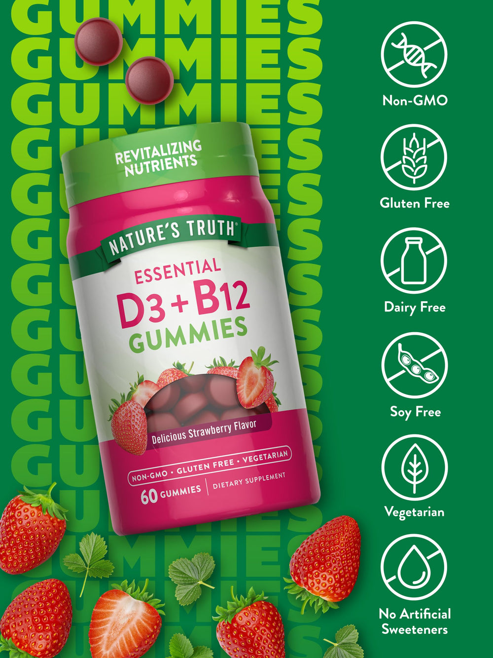 Nature's Truth vegetarian label on gummies, gluten-free and Non-GMO.