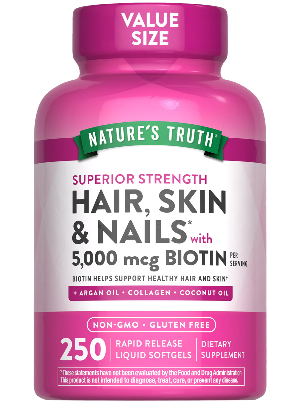 Nature's Truth Hair, Skin & Nails softgels bottle with 5,000 mcg biotin for daily vitality