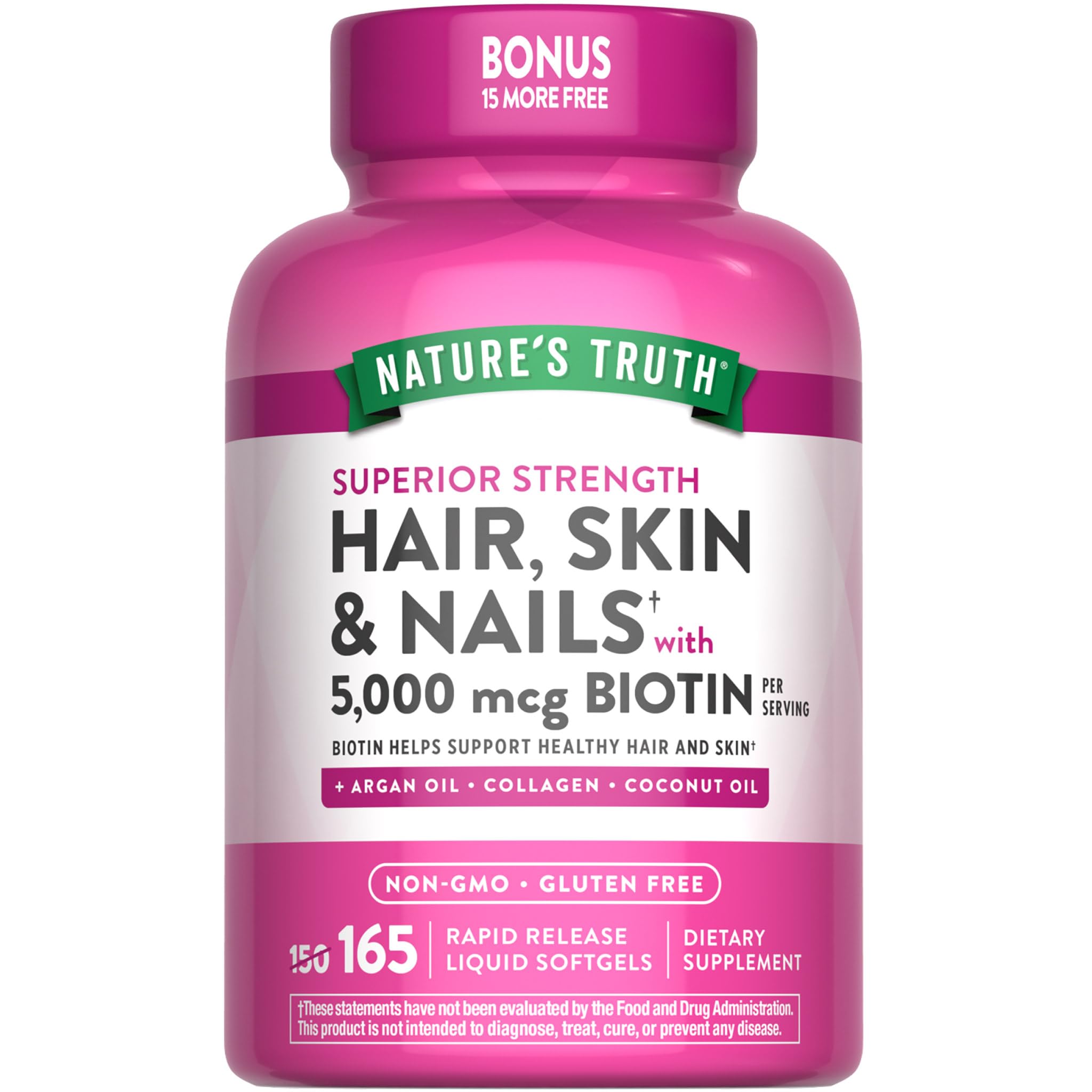 Nature's Truth Hair, Skin and Nails softgels bottle highlights 5,000 mcg biotin for hair support.