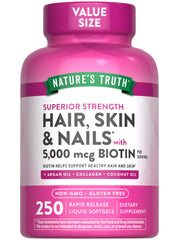 Nature's Truth Hair, Skin & Nails softgels bottle with 5,000 mcg biotin for daily vitality