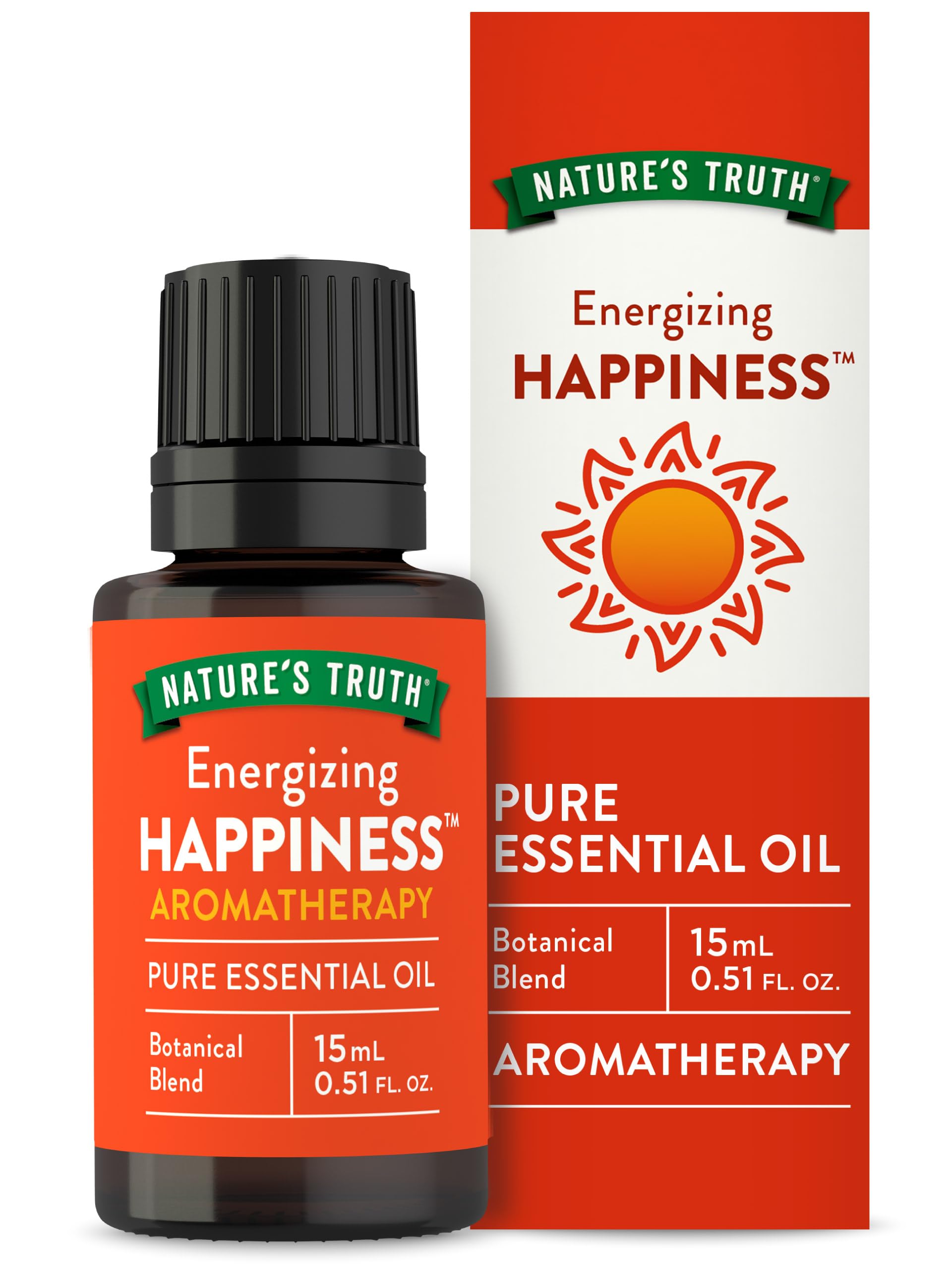 Nature's Truth Happiness essential oil bottle for at-home aromatherapy sessions.