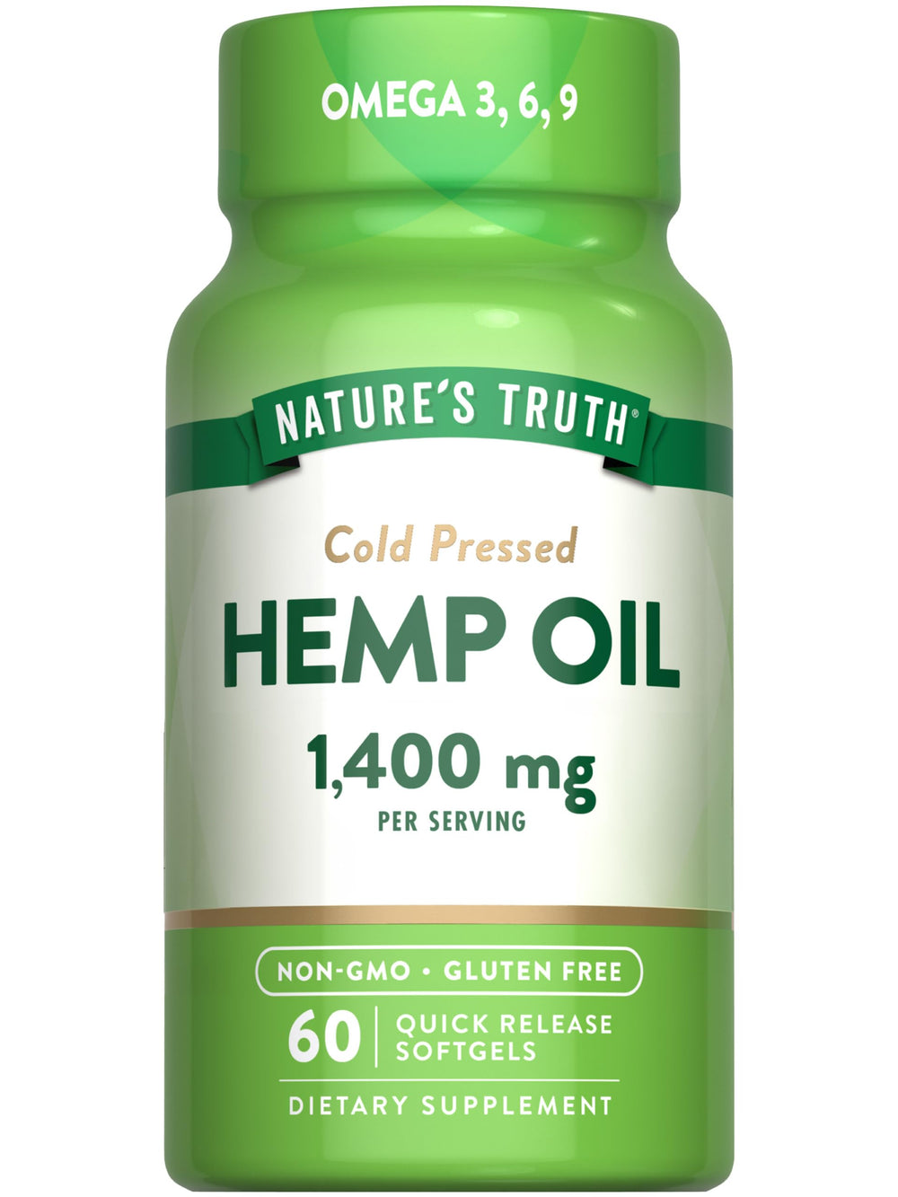 Nature's Truth hemp oil softgels bottle front highlighting 1400 mg formula for daily wellness
