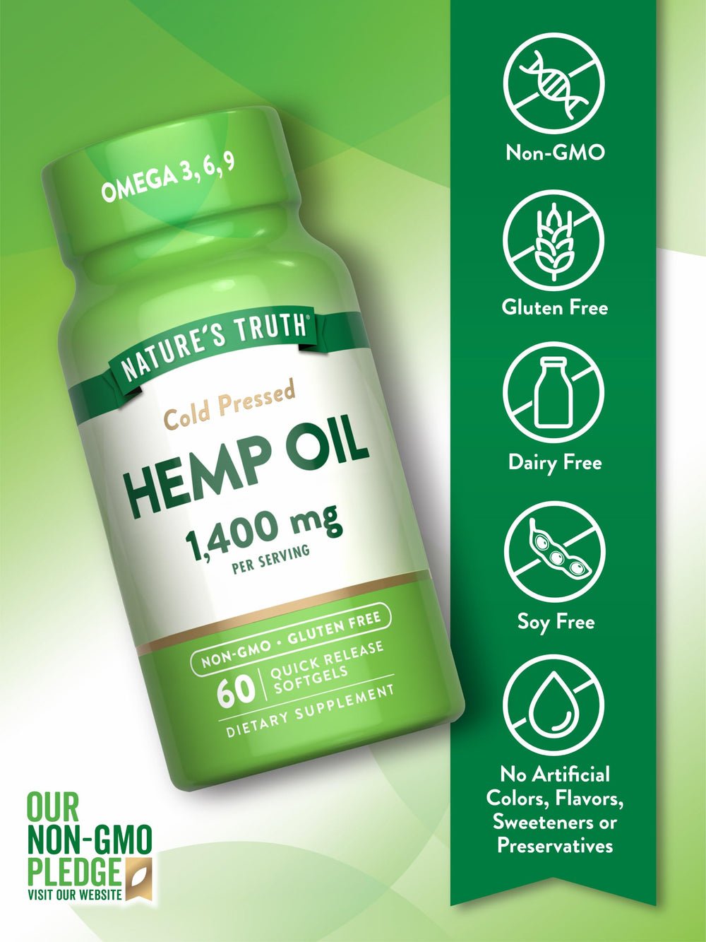 Nature's Truth hemp oil softgels with omega-3-6-9 illustrated for balanced nutrition