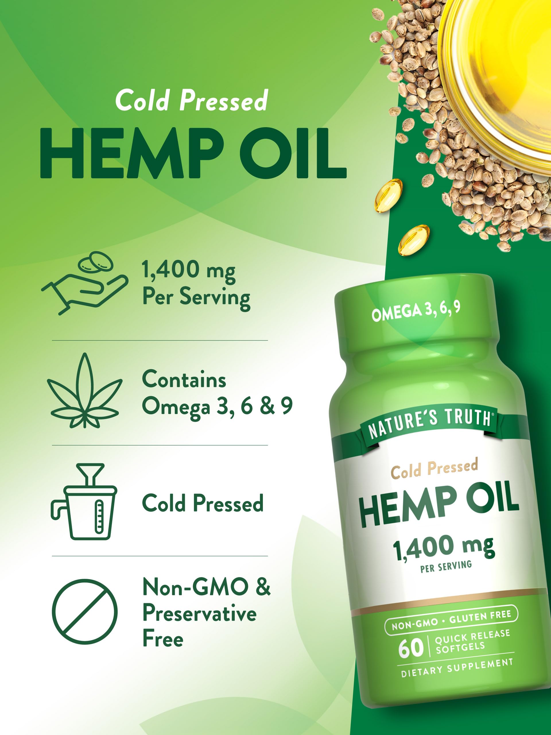 Nature's Truth hemp oil softgels packaging close-up highlighting transparent labeling