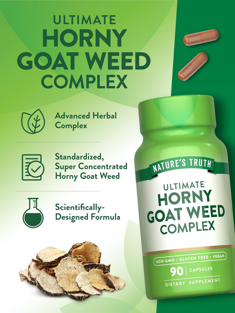 Nature's Truth Horny Goat Weed gluten-free and non-GMO labeling