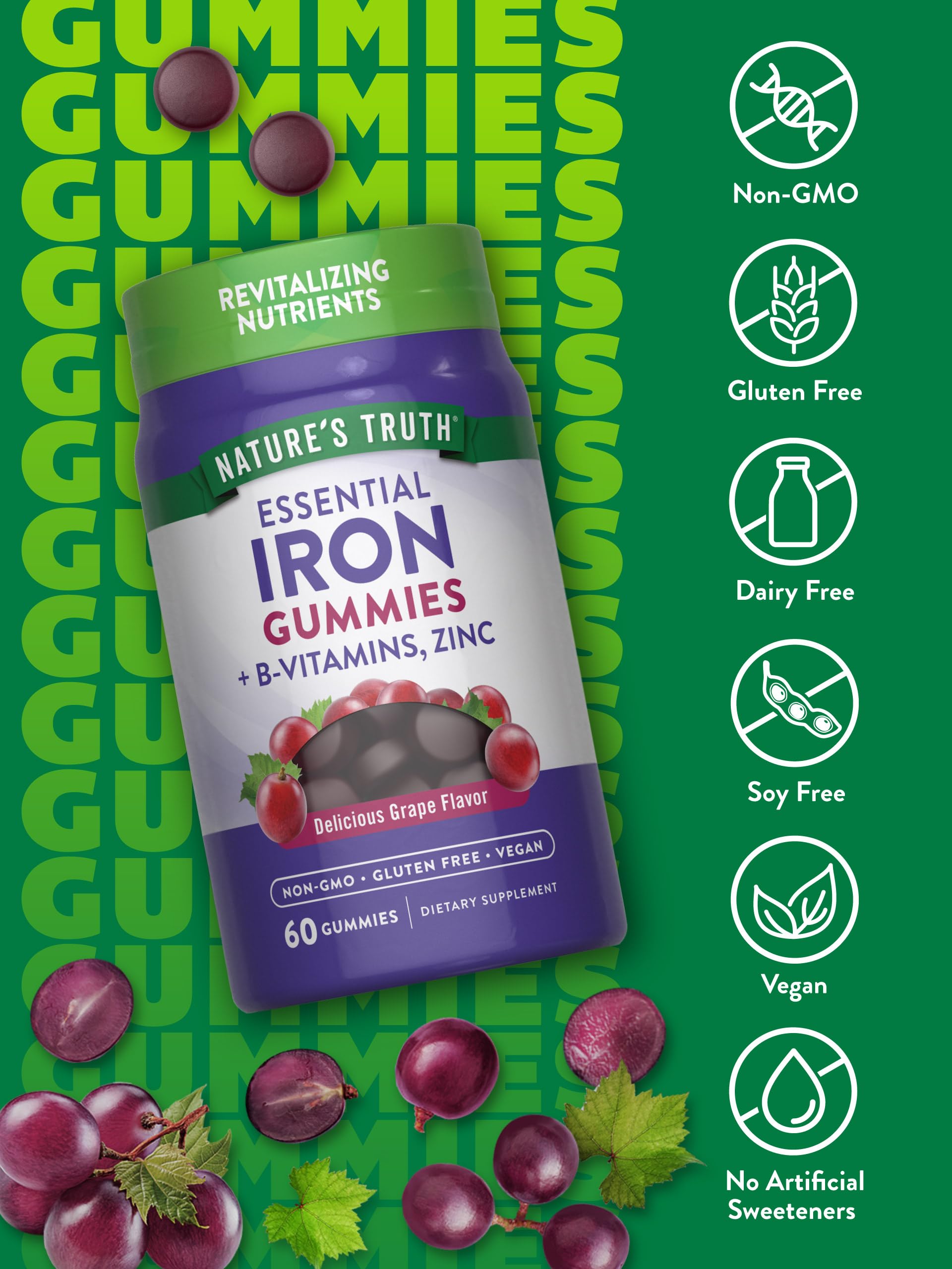 Nature's Truth Iron Gummies bottle cap displaying 60-count vegan, non-GMO formula