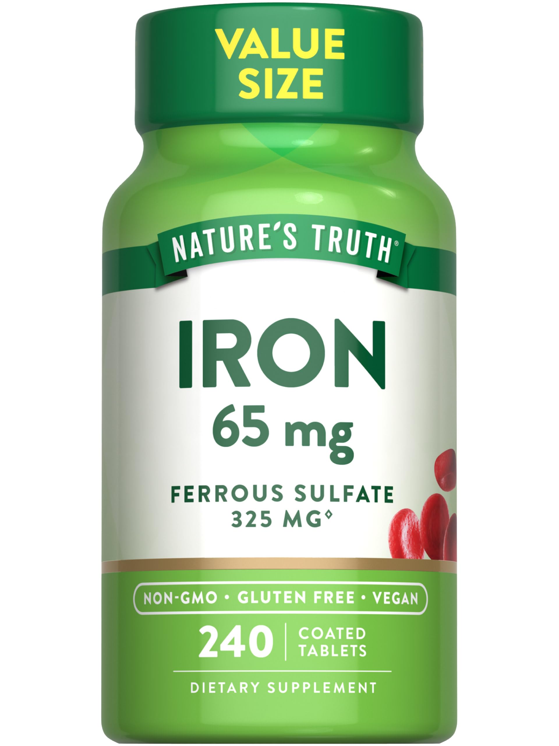 Nature's Truth Iron Tablets bottle front shows 65 mg iron per tablet for daily mineral support.