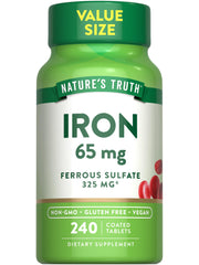 Nature's Truth Iron Tablets bottle front shows 65 mg iron per tablet for daily mineral support.