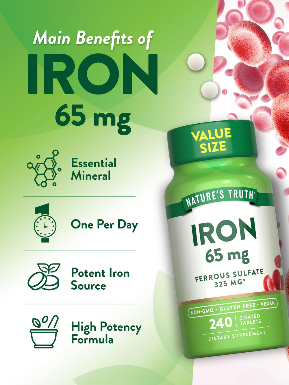 Bottle on shelf indicating vegan and non-GMO icons for clarity.