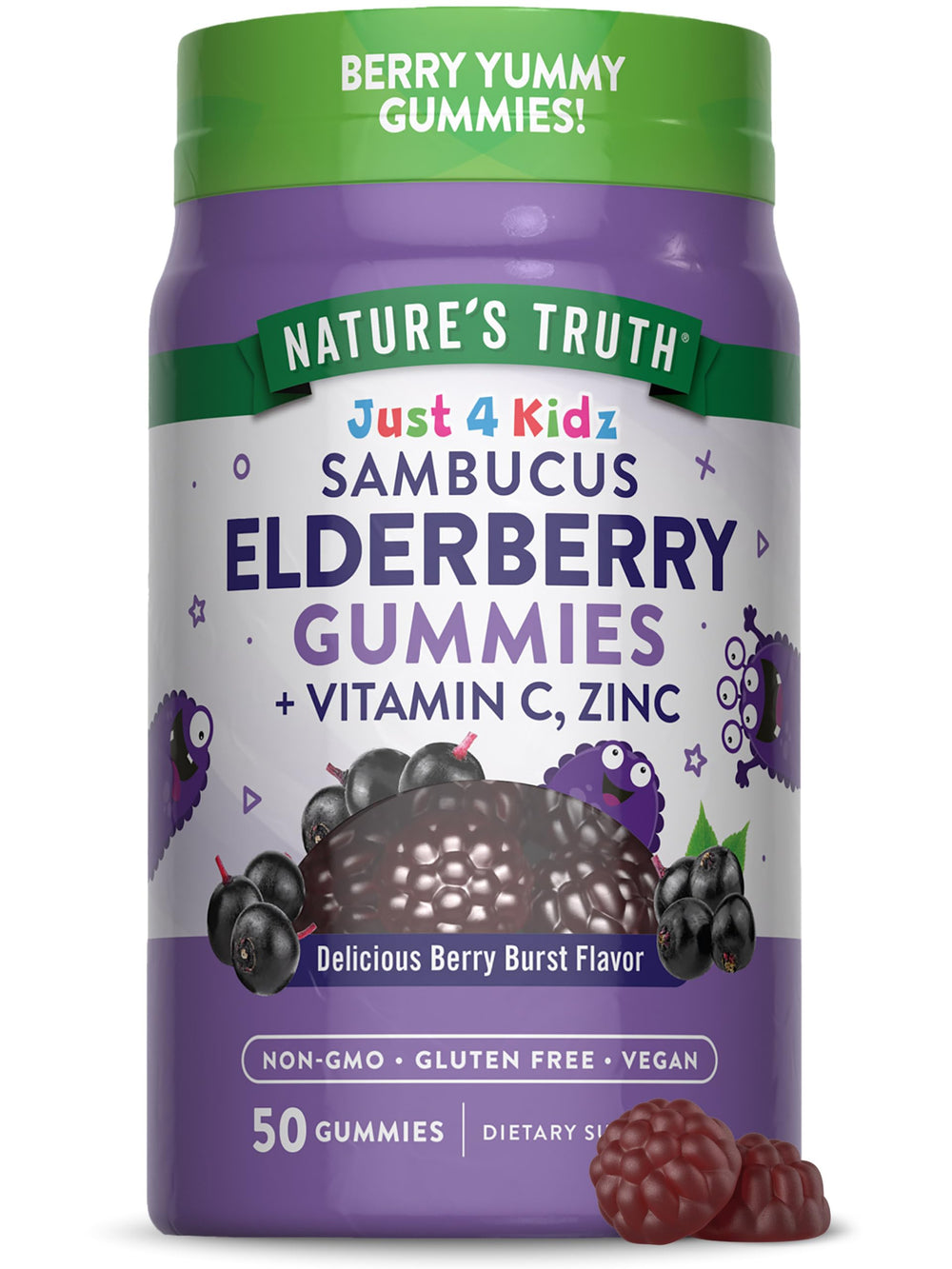 Nature's Truth Kids Elderberry Gummies jar shows vegan non-GMO formula for immune-support routines.