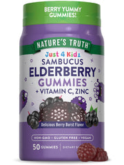 Nature's Truth Kids Elderberry Gummies jar shows vegan non-GMO formula for immune-support routines.