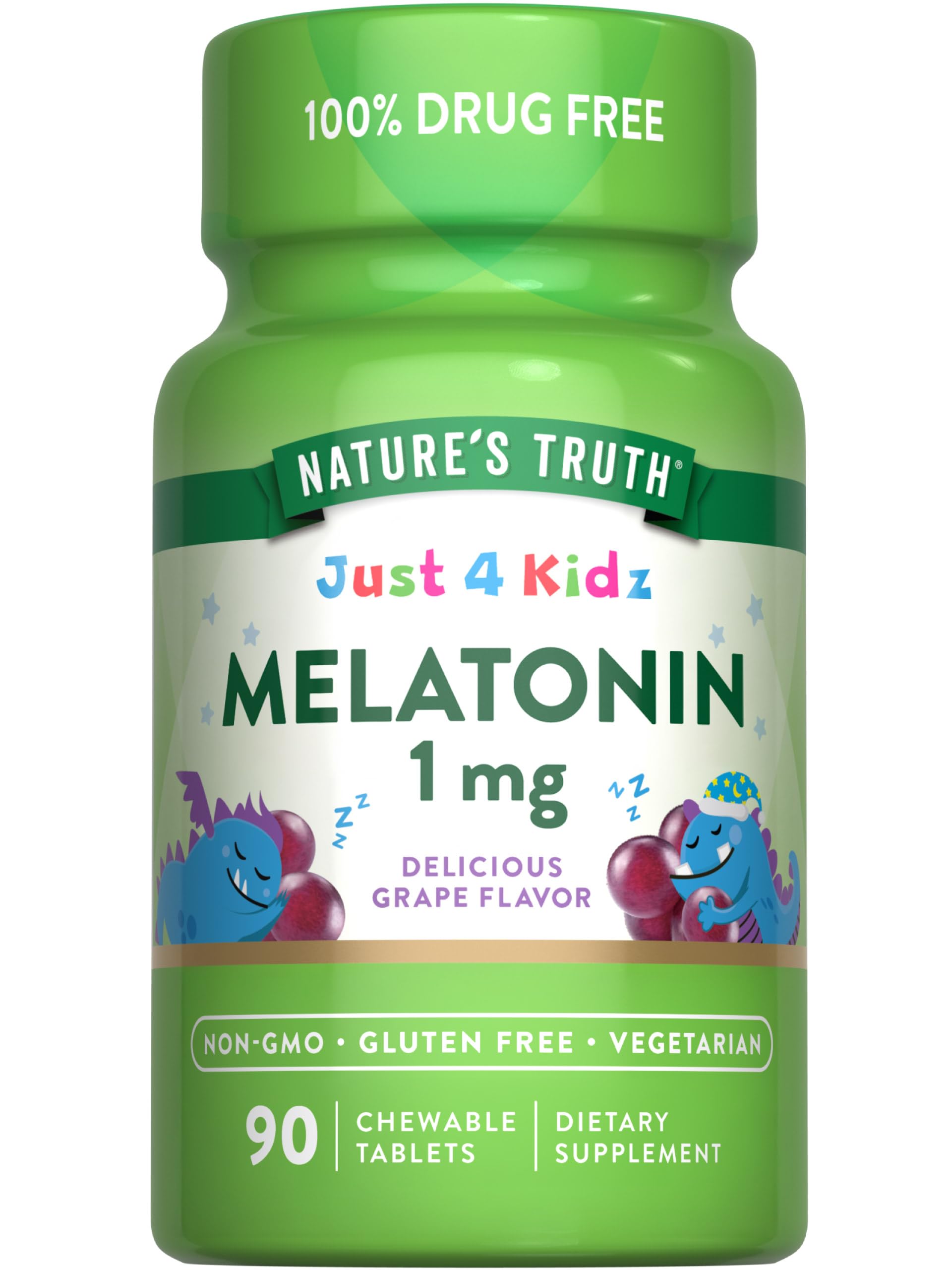 Nature's Truth Kids Melatonin grape tablets shown on a cheerful nightstand scene for a calm bedtime