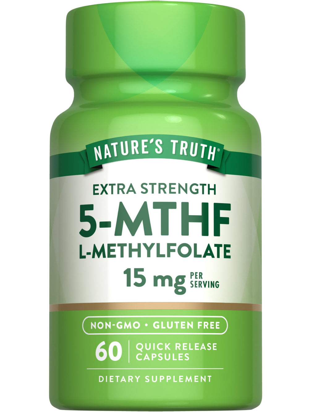 Nature’s Truth L-Methylfolate 15mg bottle with capsules, quick-release formula for everyday wellness.