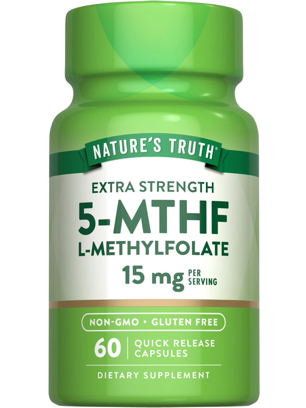 Nature’s Truth L-Methylfolate 15mg bottle with capsules, quick-release formula for everyday wellness.